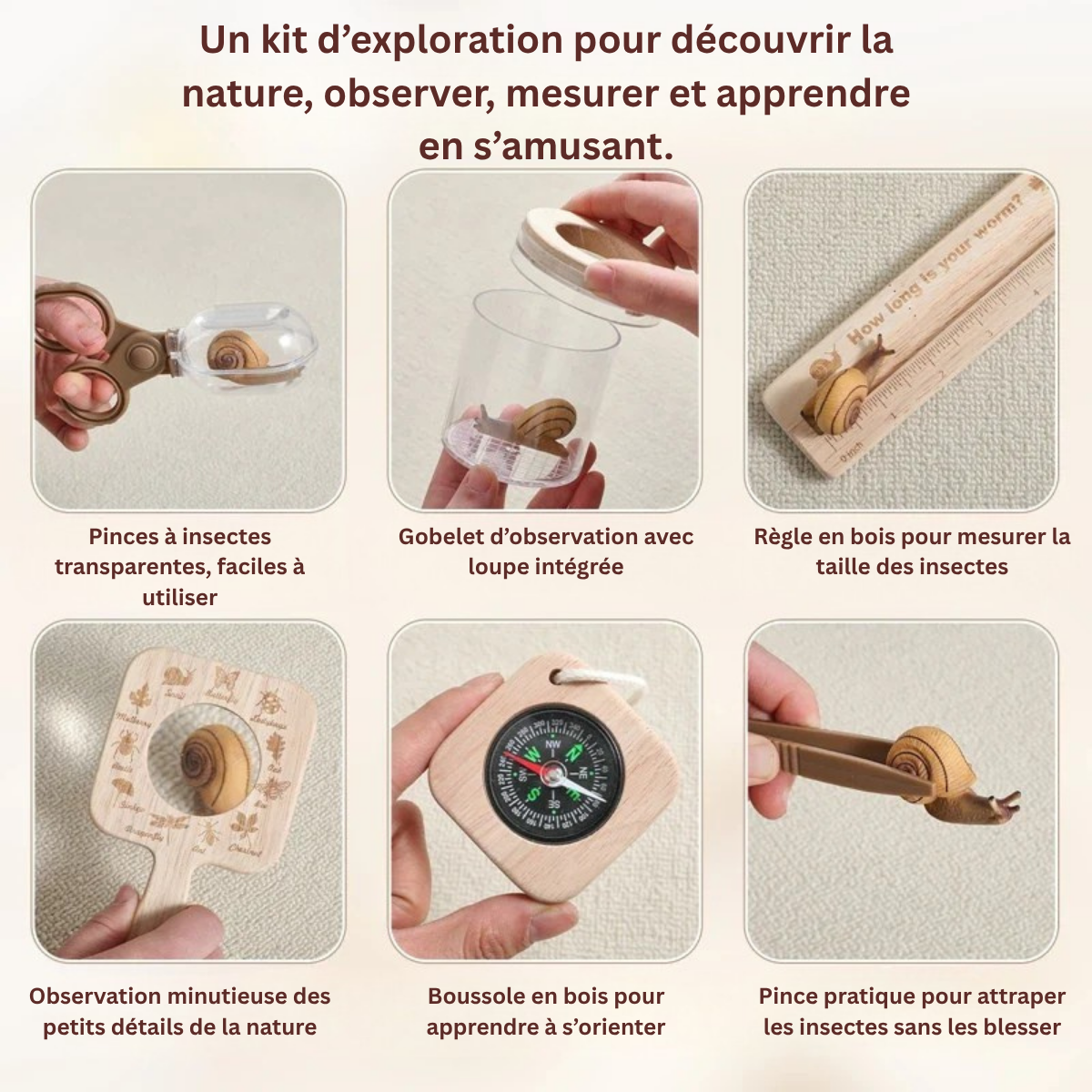 Kit d’exploration nature en bois – Jeu éducatif Montessori pour aventuriers en herbe