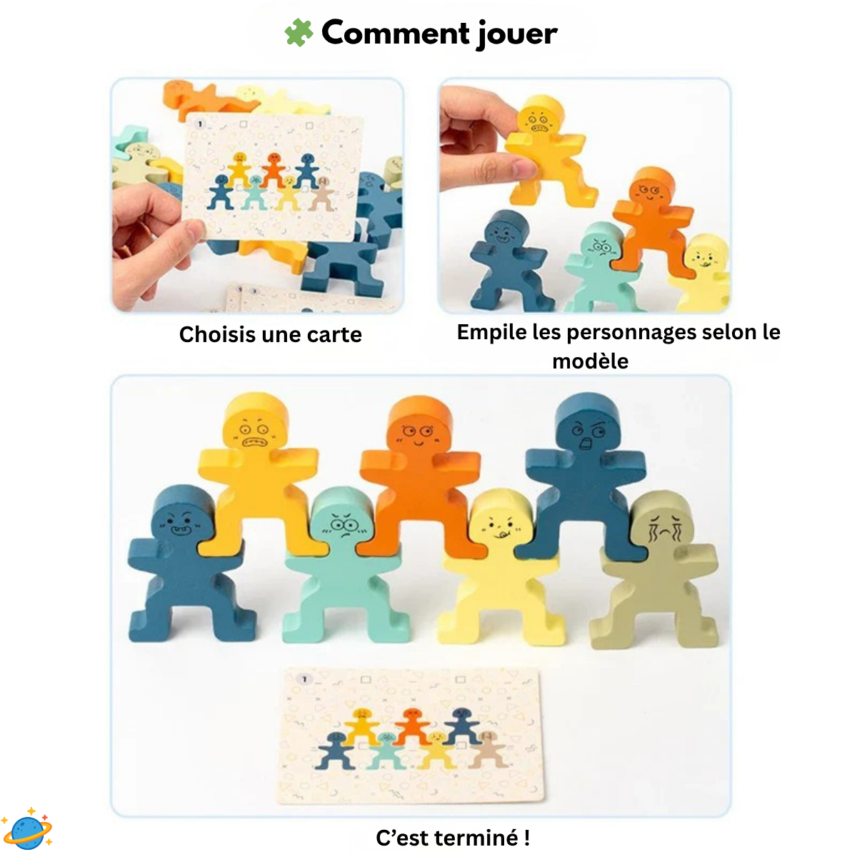 Jouet Montessori évolutif – Jeu d’équilibre en bois à empiler et expressions faciales