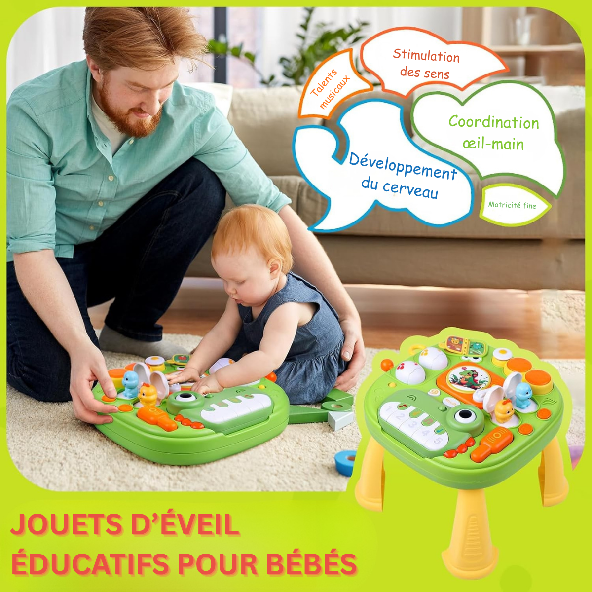 Table d’Activités Dinosaure Montessori – Piano Musical, Lumières & Jeux Sensoriels