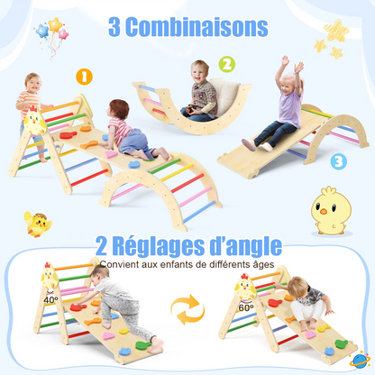 Structure d’Escalade pour l'équilibre Montessori 7-en-1 en Bois – Triangle, Arche & Rampe de Jeu