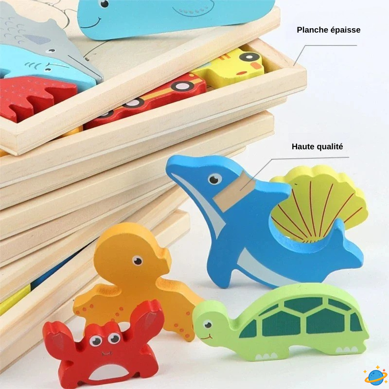 Puzzle éducatif en bois – Jeu Montessori évolutif animaux, fruits et véhicules