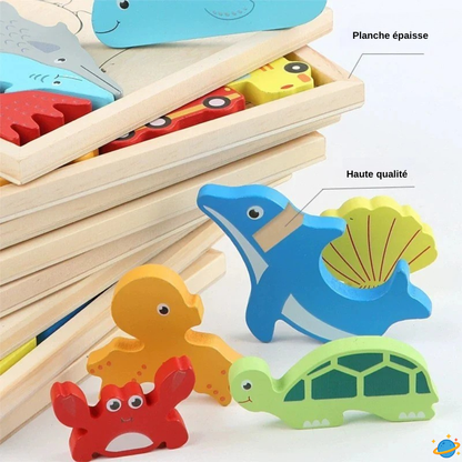 Puzzle éducatif en bois – Jeu Montessori évolutif animaux, fruits et véhicules