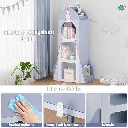 Bibliothèque Fusée Montessori – Étagère à Livres et Jouets 3 Niveaux avec Rangements Latéraux