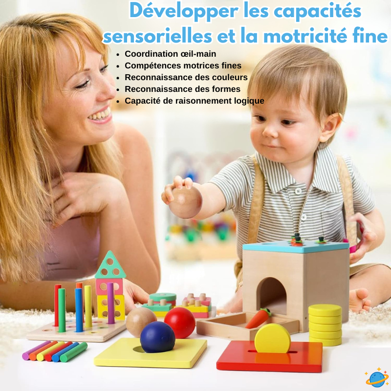 Jouet Montessori Évolutif en Bois – Boîte Sensorielle Bébé avec Formes et Objets