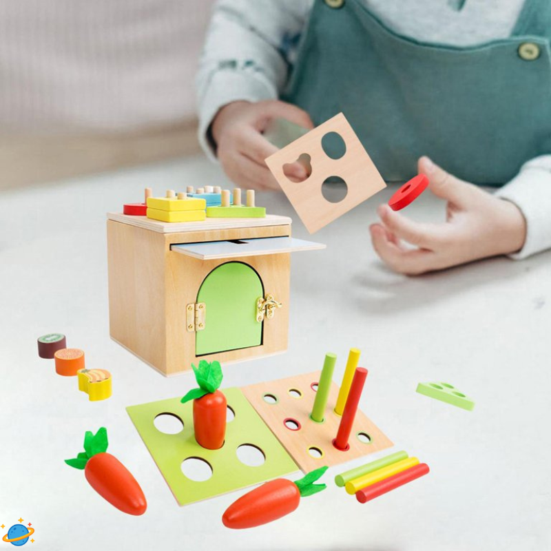 Jouet Montessori Évolutif en Bois – Boîte Sensorielle Bébé avec Formes et Objets