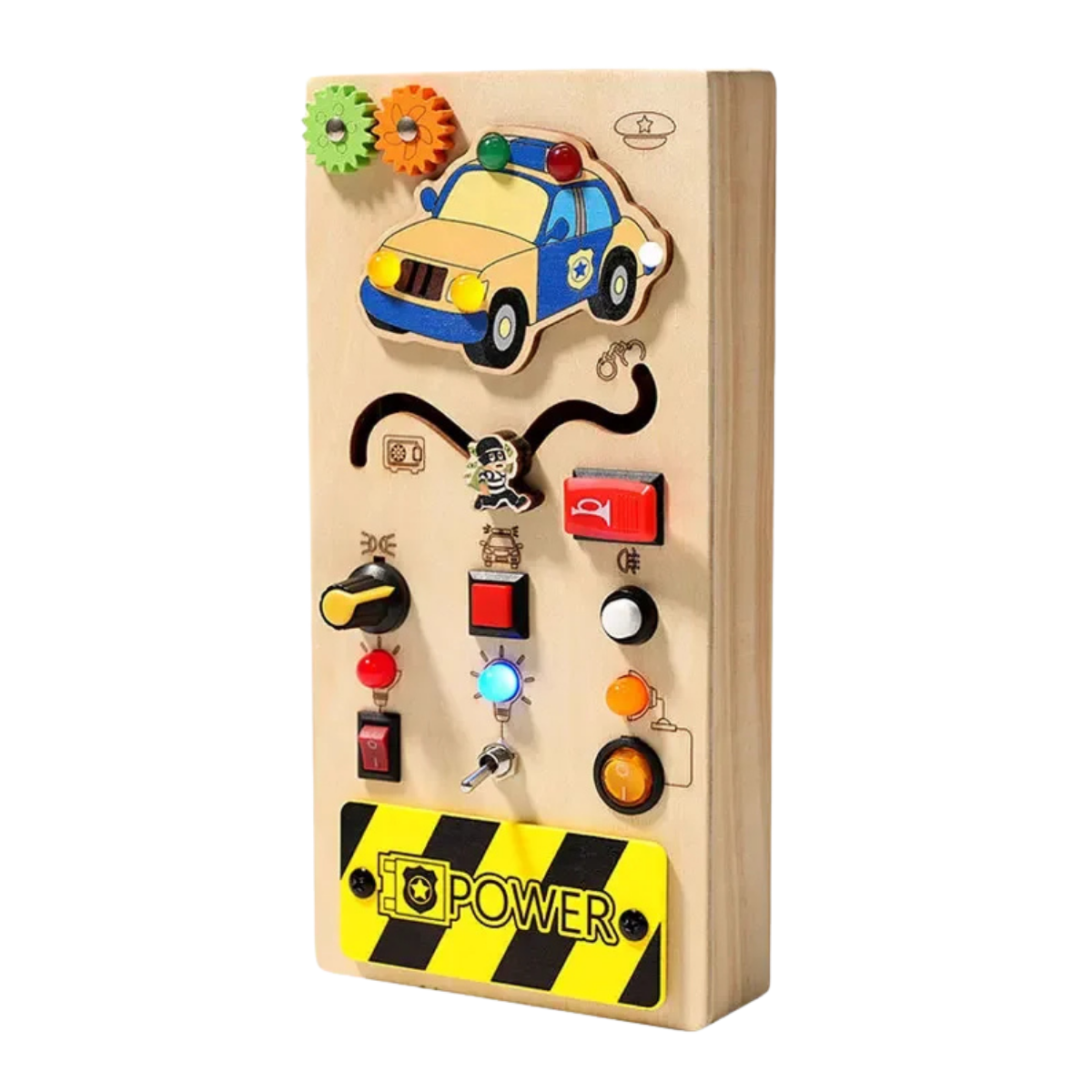 Jouet Montessori évolutif – Busy Board en bois avec lumières LED et activités sensorielles