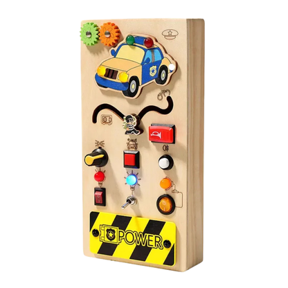 Jouet Montessori évolutif – Busy Board en bois avec lumières LED et activités sensorielles