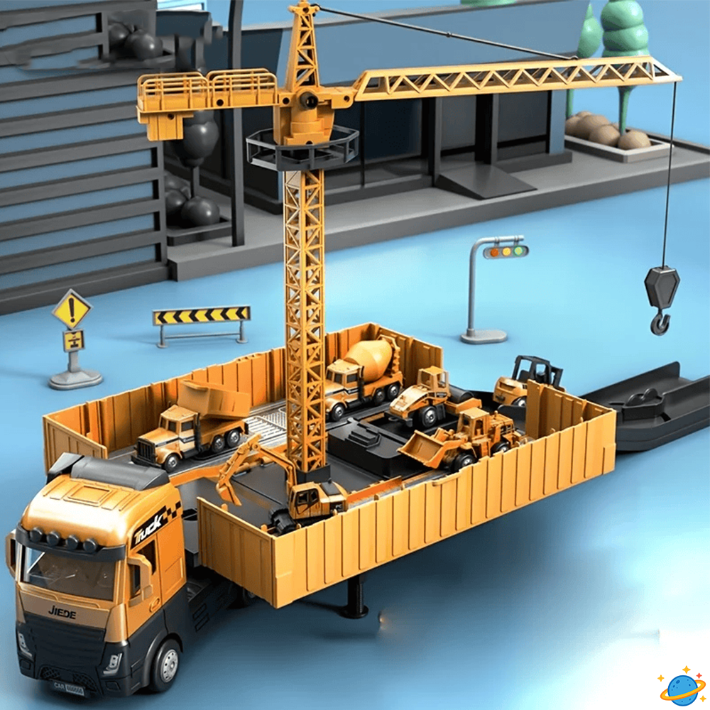 Set de Camions de Chantier Montessori avec Grue, Bétonnière & Accessoires