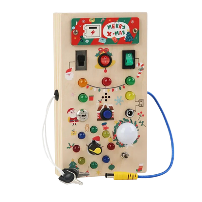 Jouet Montessori évolutif – Busy Board en bois avec lumières LED et activités sensorielles