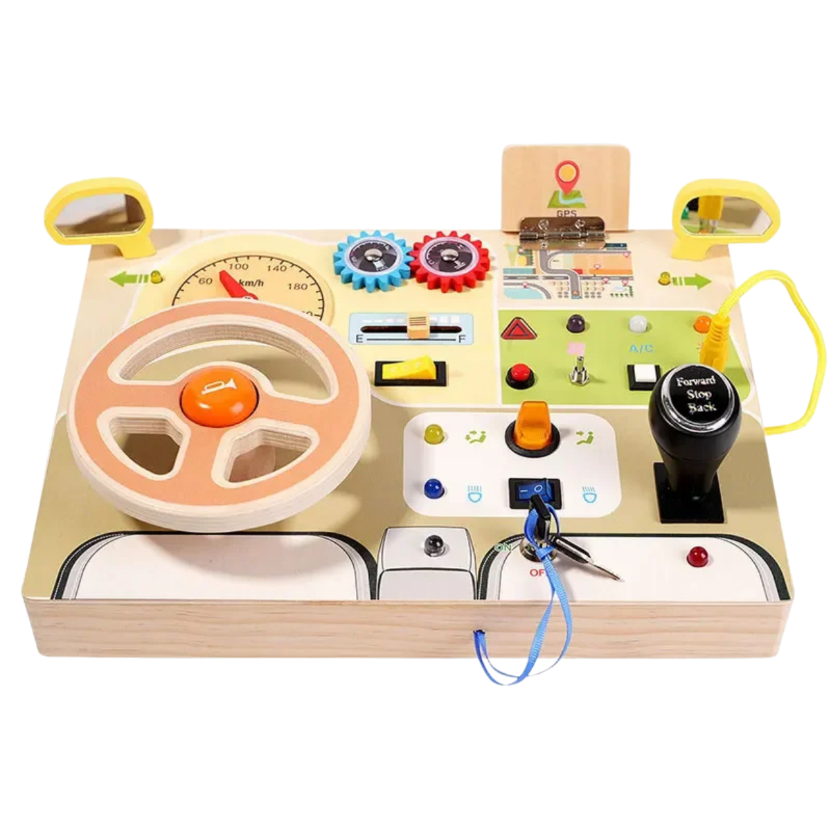 Jouet Montessori évolutif – Busy Board en bois avec lumières LED et activités sensorielles
