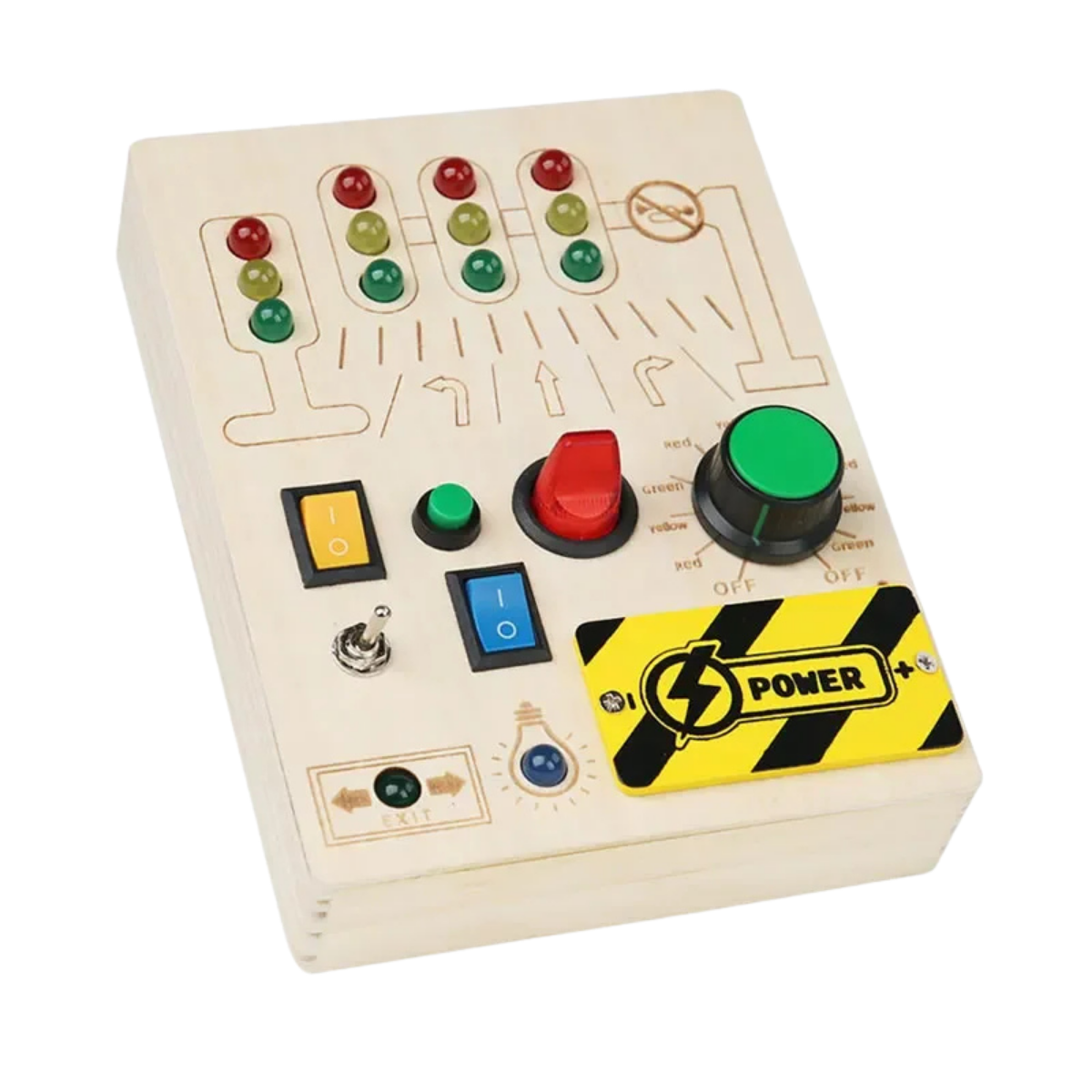 Jouet Montessori évolutif – Busy Board en bois avec lumières LED et activités sensorielles