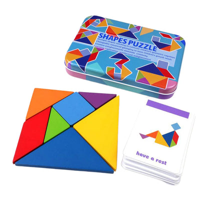 Jouet Montessori évolutif – Tangram en bois coloré éducatif et puzzle géométrique