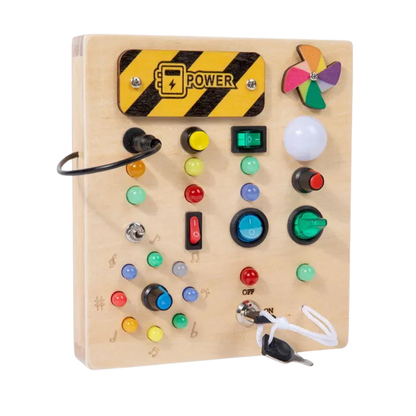 Jouet Montessori évolutif – Busy Board en bois avec lumières LED et activités sensorielles