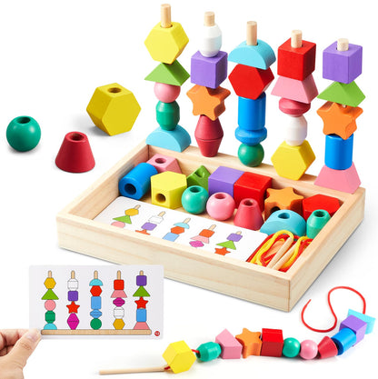 Jeu éducatif en bois – Perles et formes à enfiler Montessori évolutif