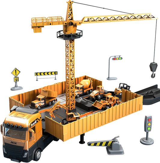 Set de Camions de Chantier Montessori avec Grue, Bétonnière & Accessoires