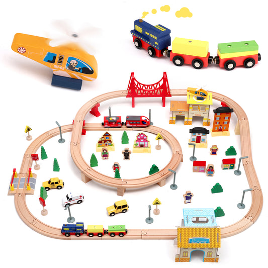 Grand Train en Bois Montessori – Circuit ferroviaire éducatif avec accessoires