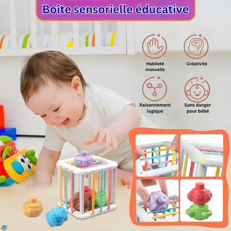 Jouet Montessori Évolutif – Cube d’Éveil Sensoriel et Tri de Formes