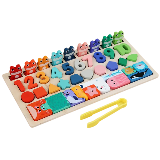 Jeu Éducatif Montessori 4-en-1 en Bois – Formes, Chiffres, Pêche & Animaux