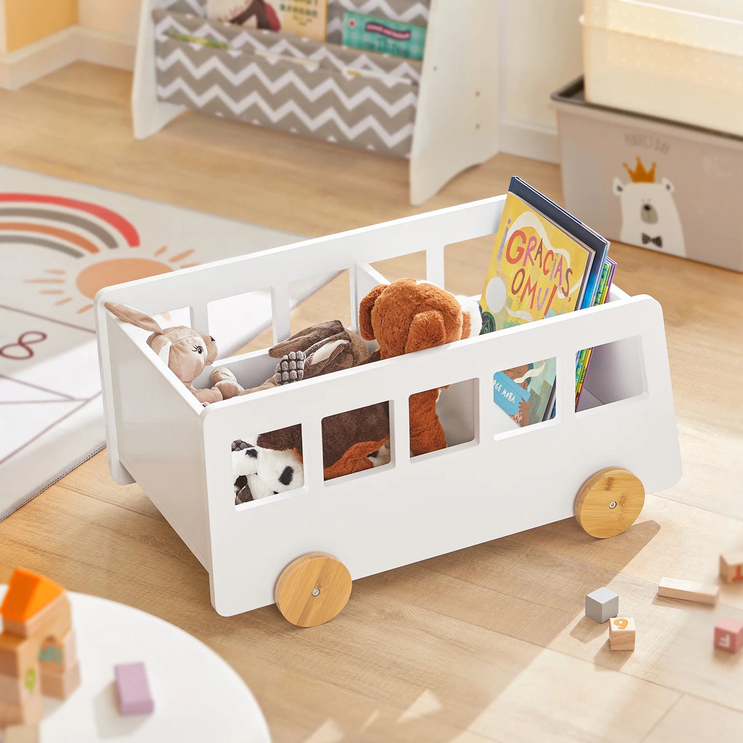 Bibliothèque Bus Montessori – Étagère Mobile à Livres et Jouets avec Roues en Bambou