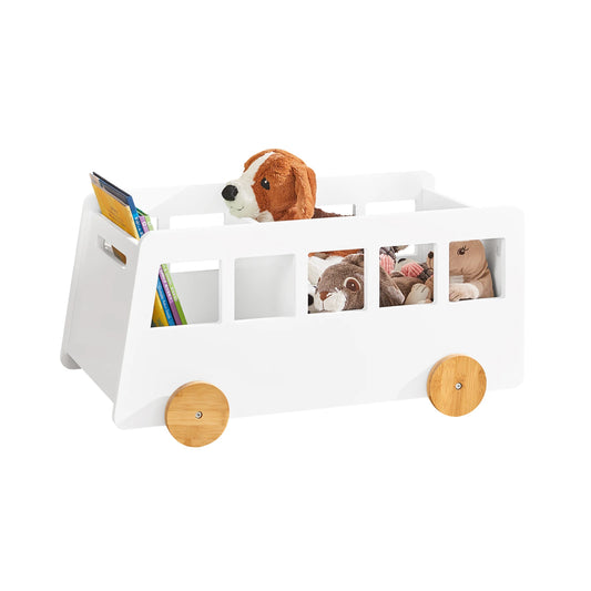 Bibliothèque Bus Montessori – Étagère Mobile à Livres et Jouets avec Roues en Bambou