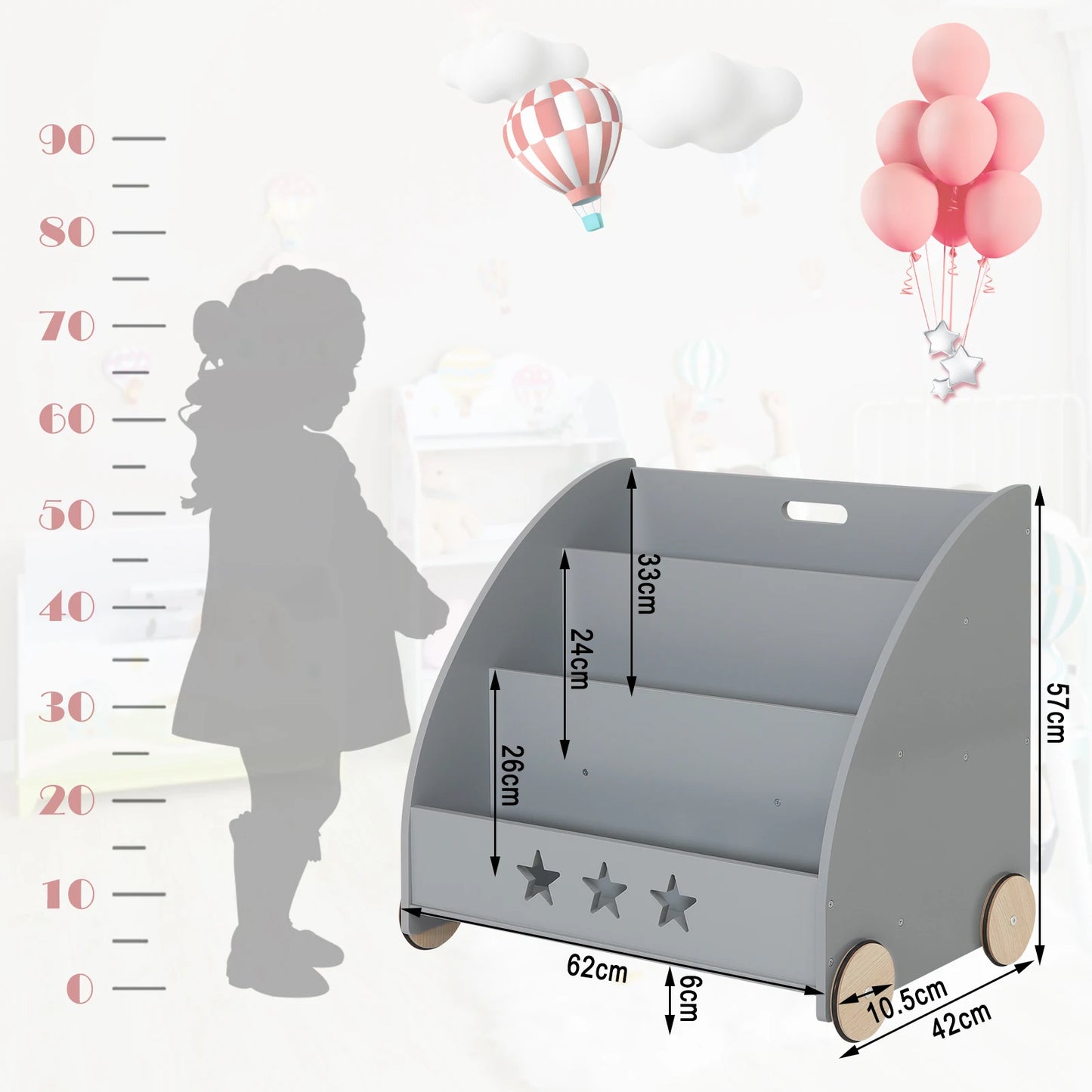 Bibliothèque Montessori à Roulettes – Étagère de Rangement Livres et Jouets pour Enfants