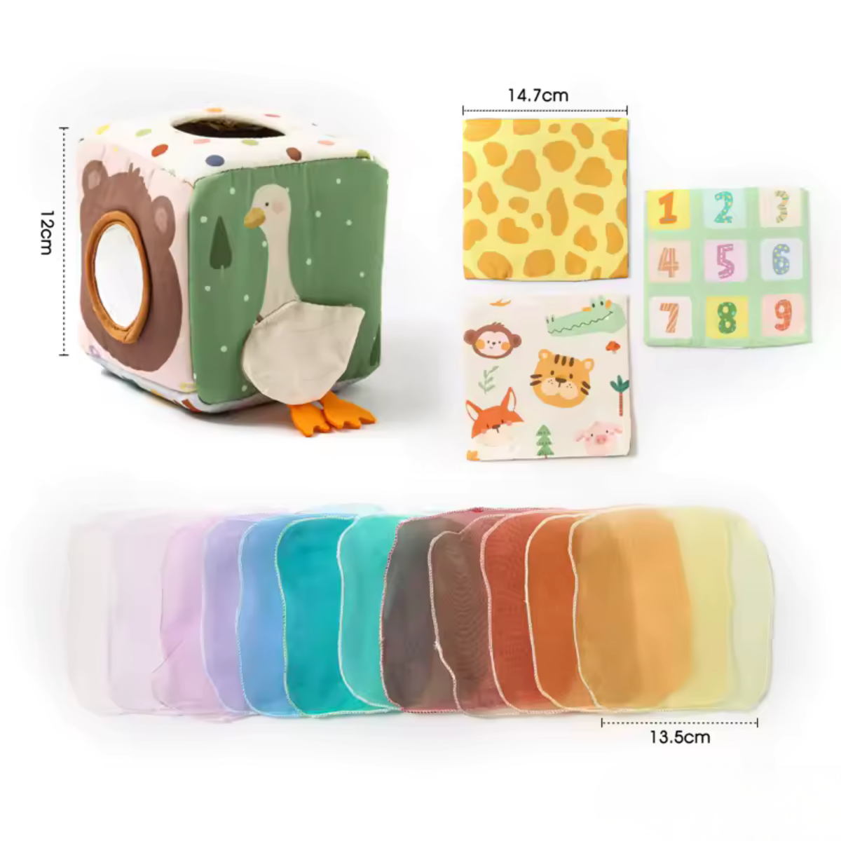 Cube sensoriel évolutif – Jeu d’éveil Montessori avec foulards colorés