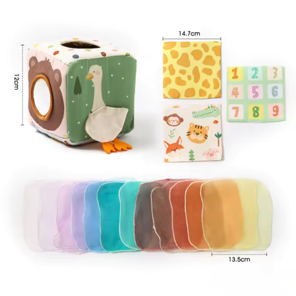 Cube sensoriel évolutif – Jeu d’éveil Montessori avec foulards colorés