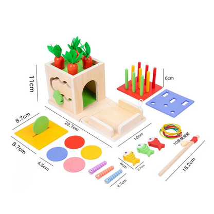 Jouet Montessori Évolutif en Bois – Jeu d’Éveil Éducatif Bébé avec Formes, Carottes et Pêche Magnétique