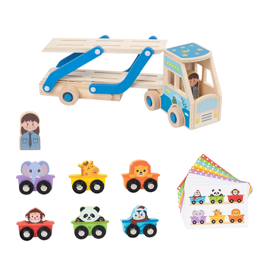 Camion Porte-Voitures en Bois Montessori – Jouet Éducatif avec Animaux Colorés