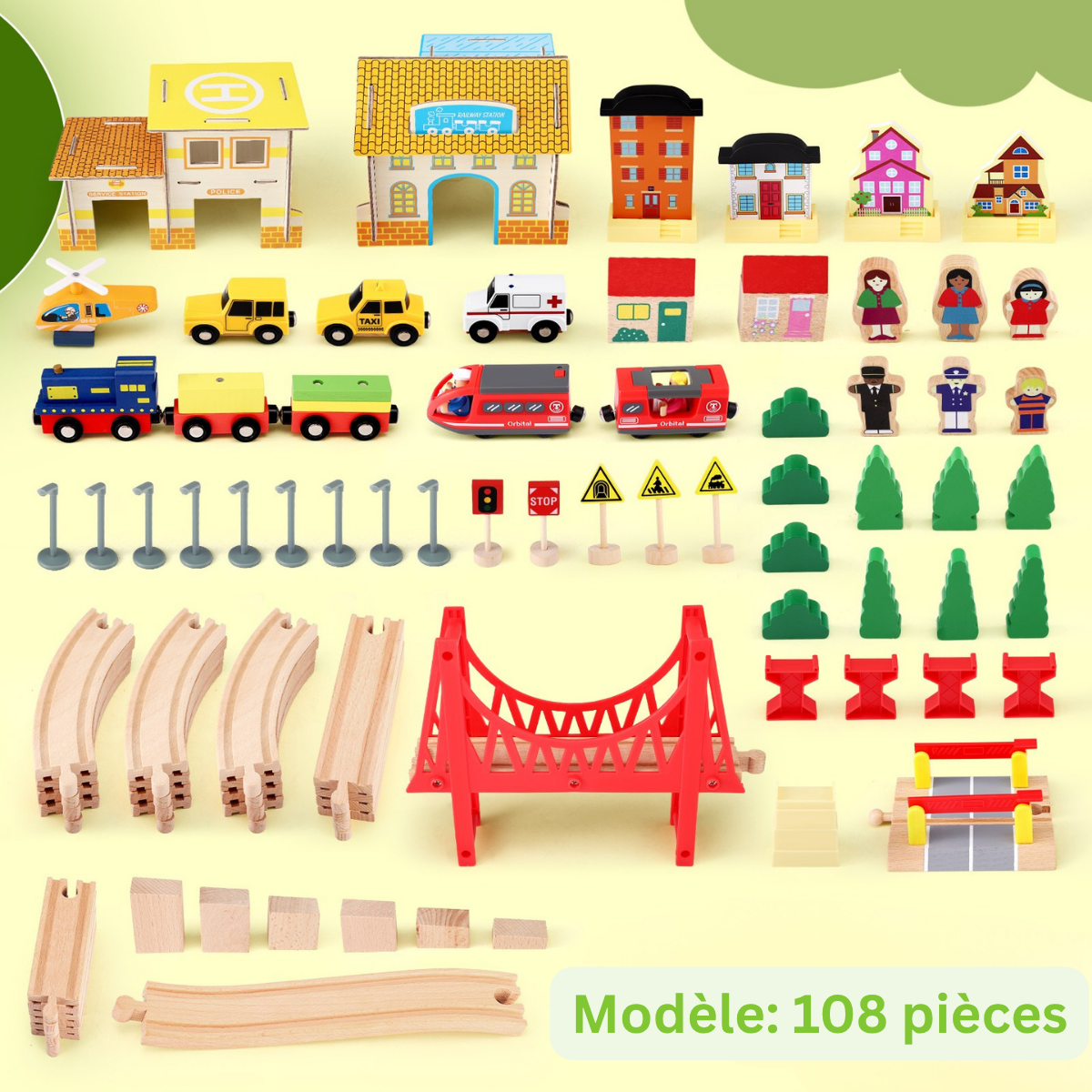 Grand Train en Bois Montessori – Circuit ferroviaire éducatif avec accessoires
