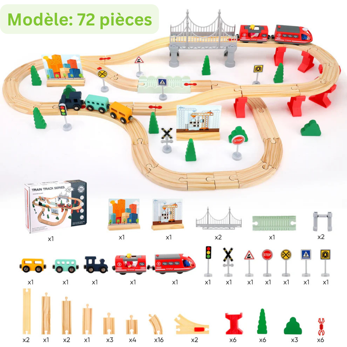 Grand Train en Bois Montessori – Circuit ferroviaire éducatif avec accessoires