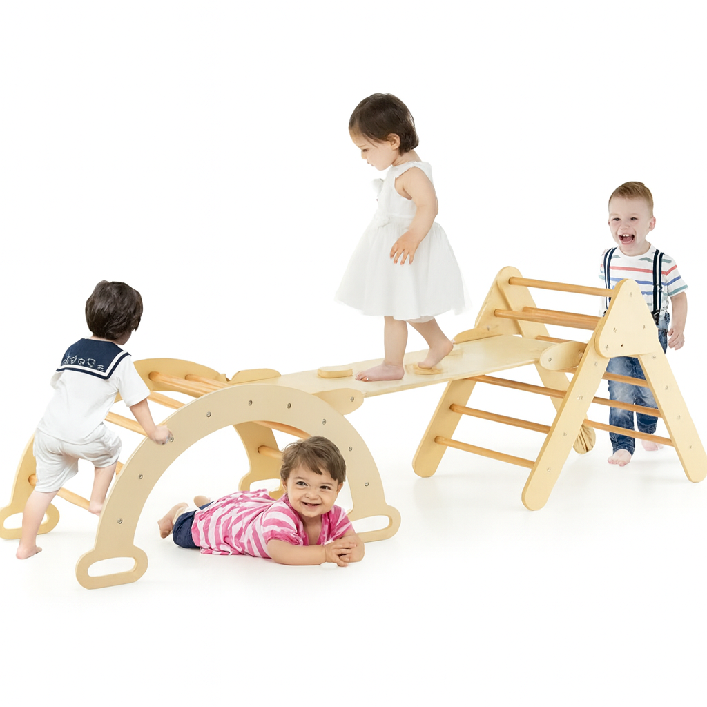 Structure d’Escalade pour l'équilibre Montessori 7-en-1 en Bois – Triangle, Arche & Rampe de Jeu