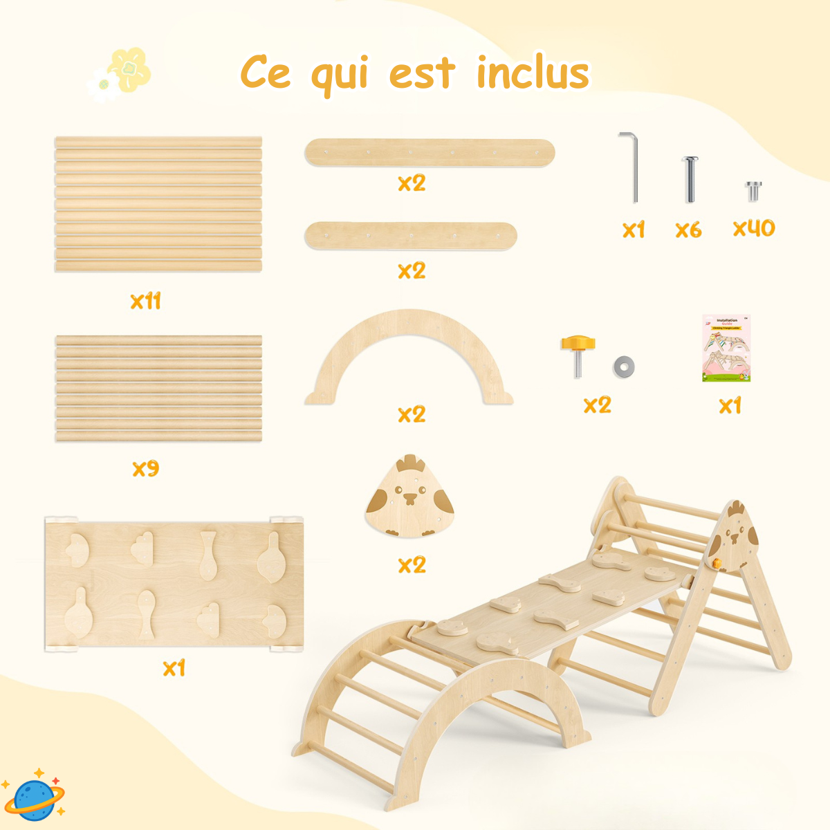 Structure d’Escalade pour l'équilibre Montessori 7-en-1 en Bois – Triangle, Arche & Rampe de Jeu