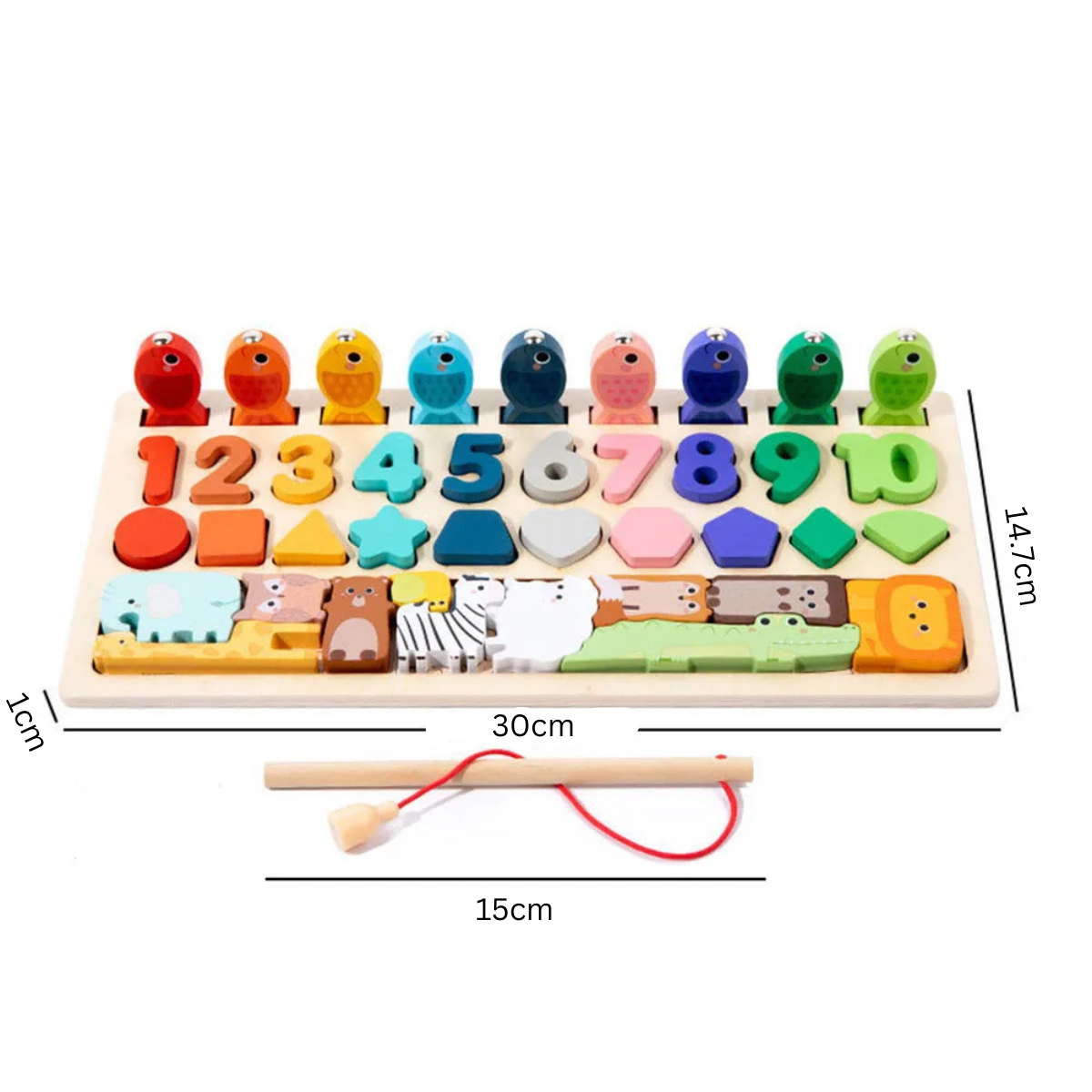 Jeu Éducatif Montessori 4-en-1 en Bois – Formes, Chiffres, Pêche & Animaux