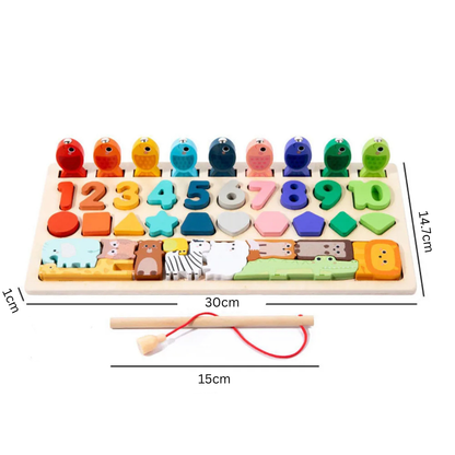 Jeu Éducatif Montessori 4-en-1 en Bois – Formes, Chiffres, Pêche & Animaux