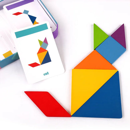 Jouet Montessori évolutif – Tangram en bois coloré éducatif et puzzle géométrique