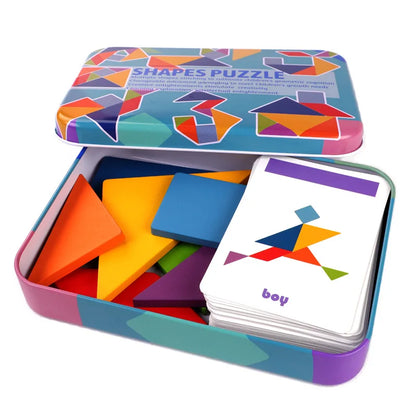 Jouet Montessori évolutif – Tangram en bois coloré éducatif et puzzle géométrique