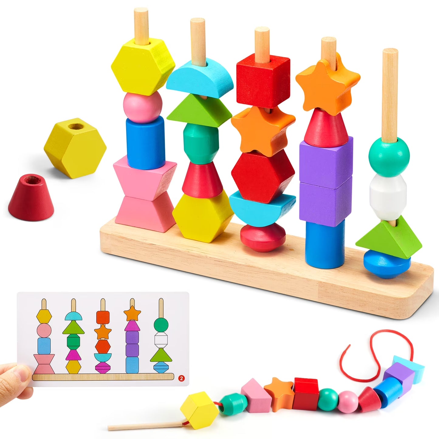 Jeu éducatif en bois – Perles et formes à enfiler Montessori évolutif