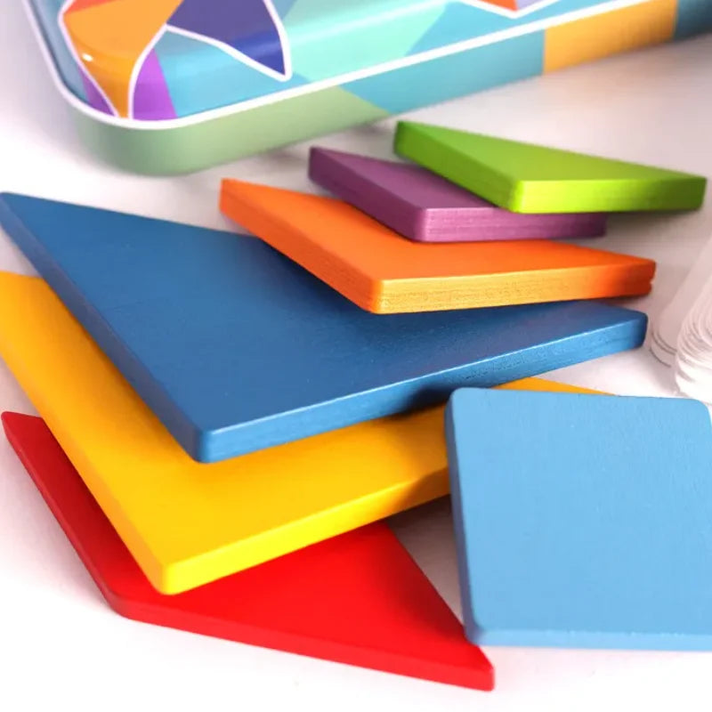 Jouet Montessori évolutif – Tangram en bois coloré éducatif et puzzle géométrique