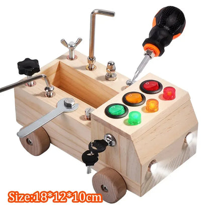 Jouet Montessori évolutif – Busy Board en bois avec lumières LED et activités sensorielles