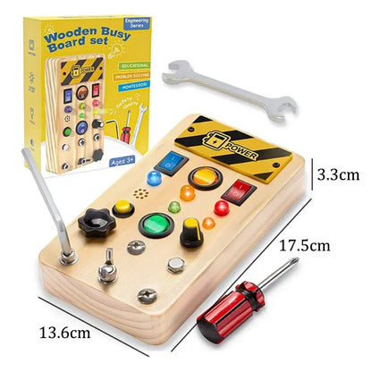 Jouet Montessori évolutif – Busy Board en bois avec lumières LED et activités sensorielles