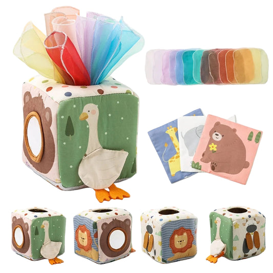 Cube sensoriel évolutif – Jeu d’éveil Montessori avec foulards colorés