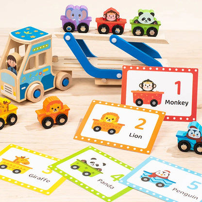Camion Porte-Voitures en Bois Montessori – Jouet Éducatif avec Animaux Colorés