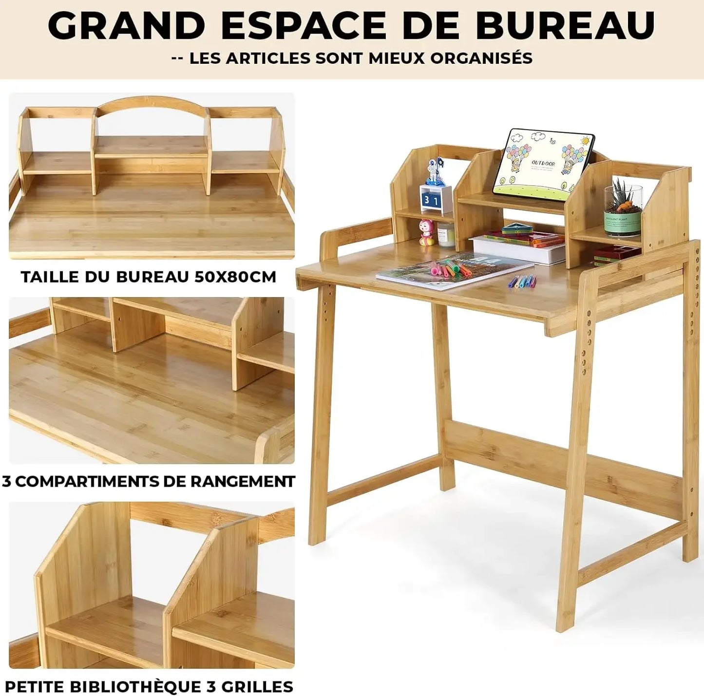 Bureau et Chaise Montessori Réglables – Ensemble en Bois avec Rangement