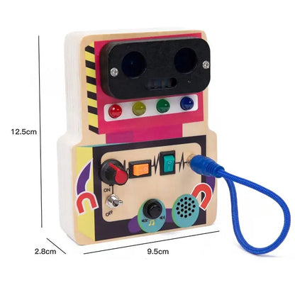 Jouet Montessori évolutif – Busy Board en bois avec lumières LED et activités sensorielles