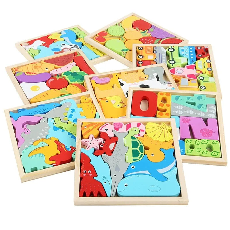 Puzzle éducatif en bois – Jeu Montessori évolutif animaux, fruits et véhicules