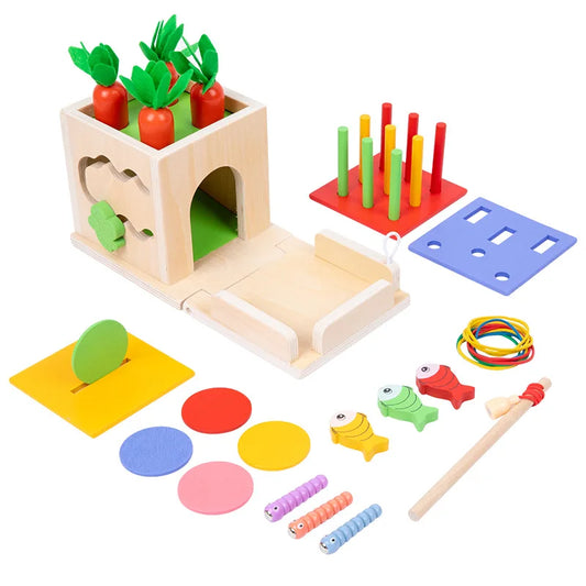 Jouet Montessori Évolutif en Bois – Jeu d’Éveil Éducatif Bébé avec Formes, Carottes et Pêche Magnétique
