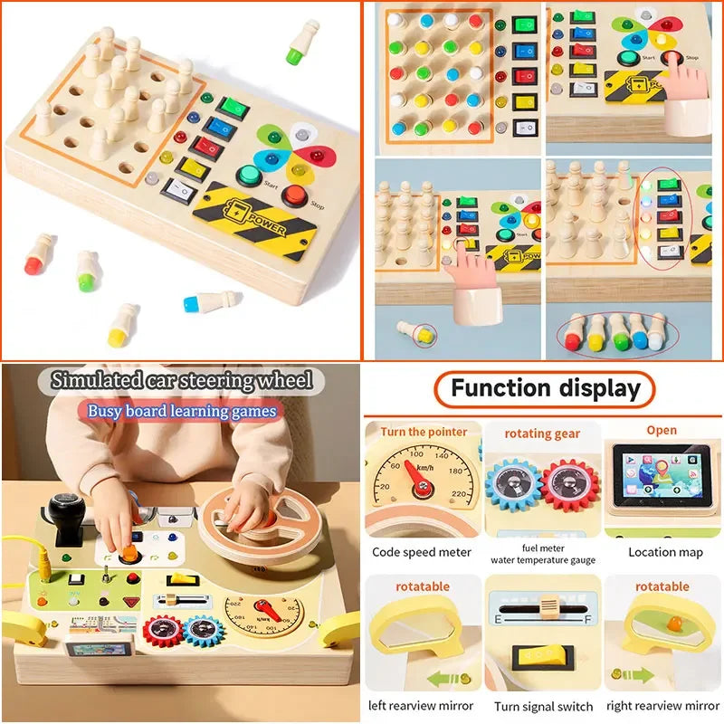 Jouet Montessori évolutif – Busy Board en bois avec lumières LED et activités sensorielles