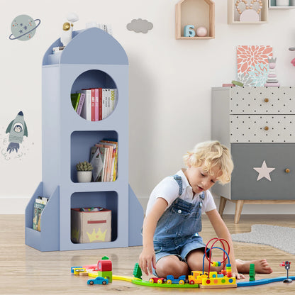 Bibliothèque Fusée Montessori – Étagère à Livres et Jouets 3 Niveaux avec Rangements Latéraux