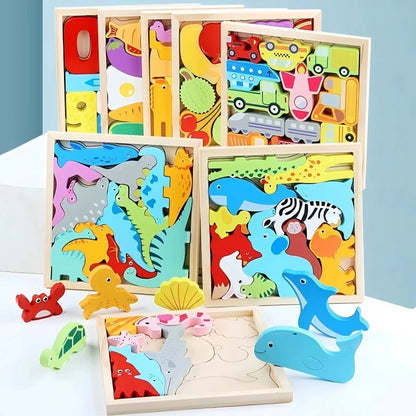 Puzzle éducatif en bois – Jeu Montessori évolutif animaux, fruits et véhicules